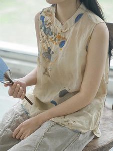 Chars pour femmes chemises d'été haut sans manches giletes chinois nœuds de bouton chinois stand collier lâche rétro fond de couture décontractée