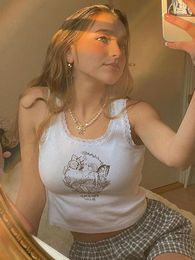 Damestanks Sifreyr y2k geribbelde tanktops vrouwen cartoon bedrukte kanten trim witte crop top sprookje grunge vintage kleding schattig slanke fit vest