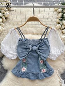 Damestanks Singreiny Chique Senior Denim Bow Tops Borduurwerk van de schouder Hollow Out Short Puff Mouwen Koreaanse stijl Sweet Women Tank