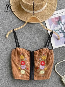 Damestanks singreiny mode zoete sexy tops riem borduurwerk bodycon korte gewas tank chic bloemen vintage corduroy mini camis