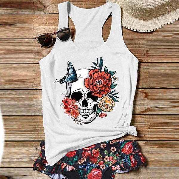 Camisetas sin mangas con diseño de calavera y mariposa para mujer, camiseta sin mangas con flores de hueso 2023, ropa Vintage para mujer, bonita M