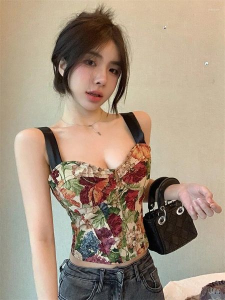 Tanks pour femmes Slim Sexy Corset Top Femmes Fée Grunge Vêtements Peinture Corde Florale De Mujer Zipper Halter Camisole Streetwear Vintage