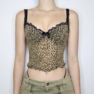 Tanks Femmes Sling Léopard Imprimer Femmes Crop Tops Sexy Dentelle Contraste Grunge Corset Mode Bow Patchwork Sans Manches Lady Camisole Blouse