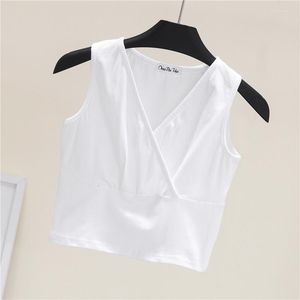 Damestanks Solid Cotton V Neck Crop Tops Chic Fashion Lady Mouwess T-shirt Hoge taille tanktop Slim Fit Camisole Street Wear Tees 2022