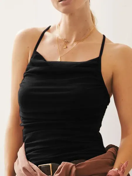 Tanks pour femmes Spaghetti Straps Camisole Femmes Folds Solid All-Match Fashion Leisure Simple Korean Style Vintage Slim Tops Cozy Mesdames Sexy