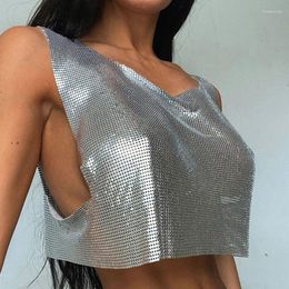 Tanks Femmes Sparkly Metal Paillettes Sexy Débardeurs Sans Manches O Cou Creux Discothèque Recadrée Solide Luxe Femmes Corset Crop Top 2024