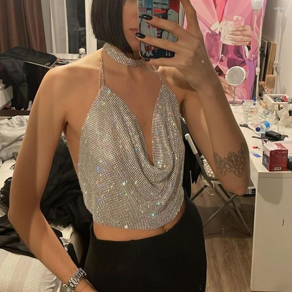 Camiseta sin mangas Y2K con diamantes de imitación brillantes para mujer