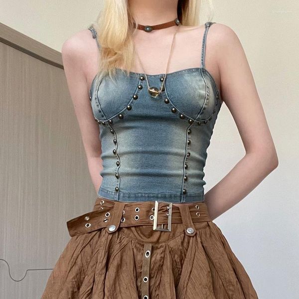 Tanques de las mujeres Primavera Verano Denim Corset Camis Mujeres Crop Top Chaleco Remache Sin mangas Jeans cortos Botón Bustier Bra