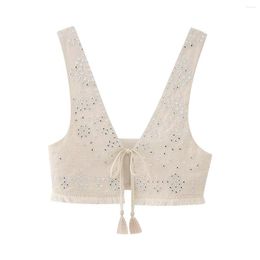 Dames Tanks Lente Zomer Spiegel Versierd Borduurwerk Korte Tanktop Met Kwastje Decoratie Borst Lace Up Mouwloos Dames