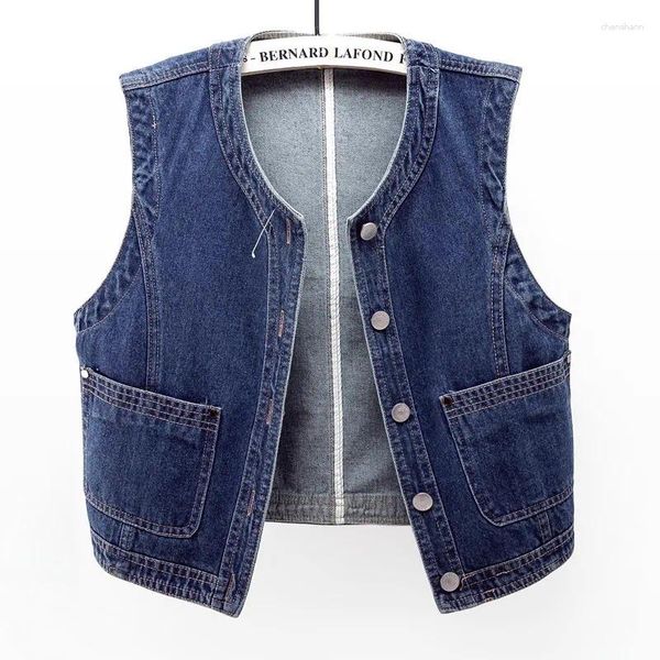 Tanks de femmes Printemps Vintage Court Denim Gilet Femmes Automne Coréen O-Cou Slim Jeans Gilet Poche Sans Manches Veste Dames Tops W152