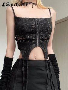 Tanques de mujer SUCHCUTE Gothic Lace Tie-up Corset Crop Tops Mujeres Dark Academic Hook Patch Tank Top Sexy Fairycore Streetwear Punk Slim