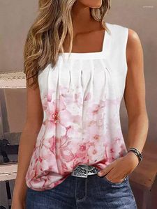 Camisetas sin mangas para mujer verano 2023 flores de cerezo con volantes cuello cuadrado tanque mujer Casual estampado chaleco sin mangas camiseta Sexy moda Retro