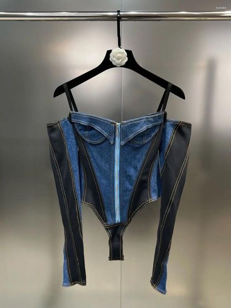 Tanques de mujer Verano 2023 Correa de espagueti Hombro Empalme Denim Manga larga Triángulo Picante Chica Estilo Camisa Moda