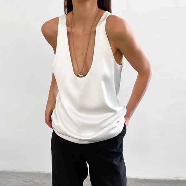 Tanks pour femmes Été 2024 Couleur continue U Cou Nou sans manches Silk Satin Viete Sexy Blanc Noir Basic Basic Spring Office Loose