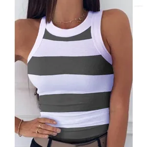 Tanks pour femmes Summer Basic Elastic Top Top Digital Printing T-shirt O cou Raceback Sexy Stripe Imprime sans manches