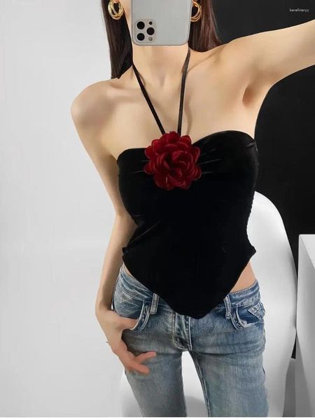 Tanks de femmes Summer Black Velvet Cami Top Femmes Appliques florales sexy
