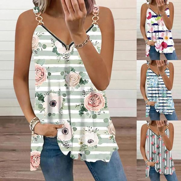 Tanques de mujer Verano Casual Tank Tops Mujeres Rayas Floral Impreso V Cuello Chaleco Cremallera Hasta Metal Spaghetti Strap Loose Fit Camisas Mujer