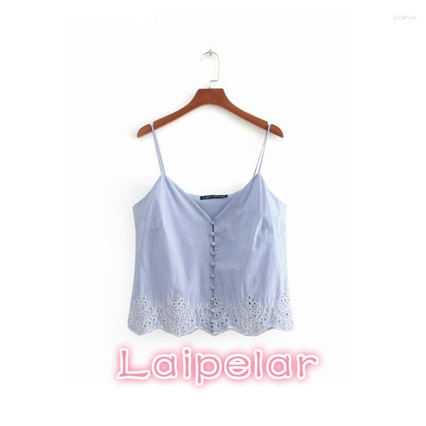 Camiseta sin mangas para mujer, Top corto de verano, camisa para mujer, túnica a rayas azul y blanco con botones, ropa informal coreana de ganchillo con encaje Sexy, Laipelar