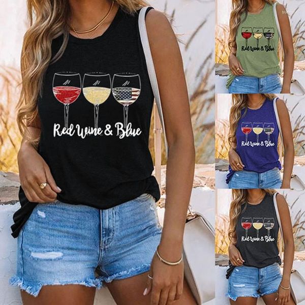 Camiseta sin mangas de cuello redondo Retro con estampado de copa de vino tinto con letras RedWineBlue europeas y americanas de verano para mujer