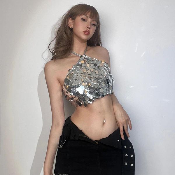 Tanks pour femmes Summer Silver Silver Sequin Camisole Crop Top Sans manches Halter Coup Tie Backless Bandeau Vest Women Party Clubwear