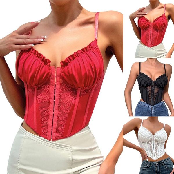 Camisetas sin mangas para mujer, chaleco de espiguilla con pecho lateral plisado de encaje de gama alta, estilo Simple de verano