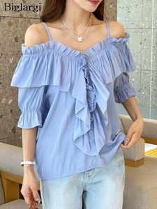 Damestanks zomer slip tops vrouwen ruche geplooide mode zoete offshoude dames bijgesneden blouses Koreaanse stijl losse vrouw