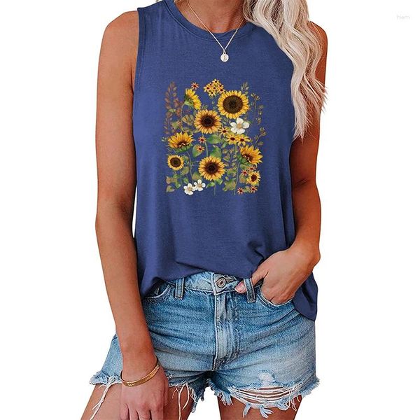 Tanks pour femmes Summer Tournesol Floral 3D Imprimer Débardeurs Femmes Streetwear Y2K Top Surdimensionné O-Cou Gilet Hors Épaule Sans Manches Femme