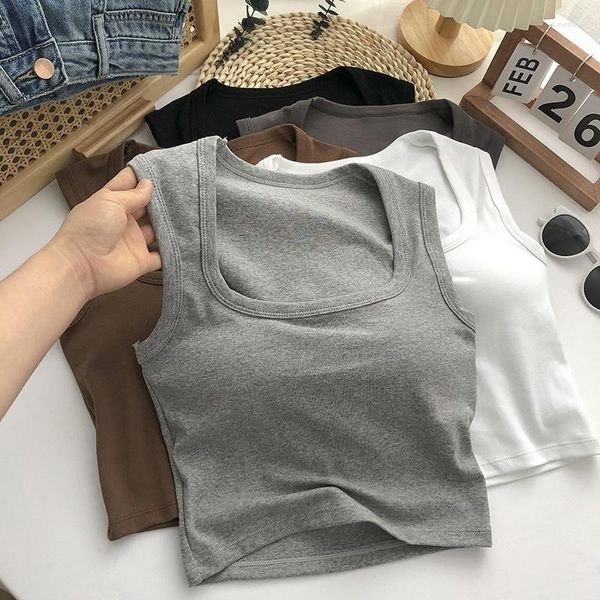 Camiseta sin mangas de verano para mujer, ropa Sexy de cuello bajo sin mangas con cuello cuadrado, camisetas sin mangas con almohadilla en el pecho, cultivo de fondo ajustado sólido para mujer