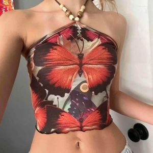 Dames Tanks Zomer Tops Mode Casual Backless Zelfontplooiing Vlinderprint Strap Tube Top Hangend Halsvest Vrouwelijk