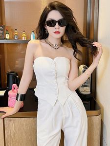 Dames Tanks Zomer Wit Crop Tops Sexy Casual Strapless Off-shoulder Tube Mouwloos Bustier Dames T-shirt Satijnen Korset Enkele rij knopen