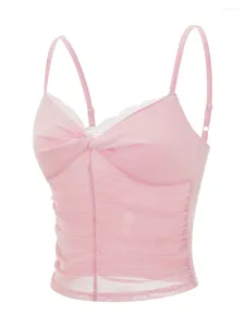 Réservoirs de femmes Été Femmes Spaghetti Strap Tabarrage Polyester rose serré avec un cou en V ajusté Twist avant sans arrière