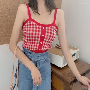 Femmes Débardeurs Pull Plaid Simple Poitrine Col V Décontracté Été Lâche Couche Intérieure Bas Nombril Tube Top Vêtements Extérieurs Rétro Mode