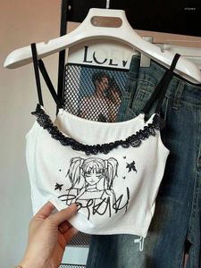 Tanks pour femmes Sweet Girls High Street Street Camis Blancs Femmes Crop Tops Slim Lace Patchwork Y2k Imprimez japonais Harajuku Summer Top