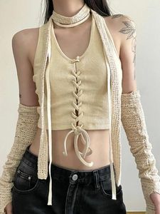 Tanks pour femmes Sweet Y2K Esthétique All Match Slim Crop Top Vintage Écharpe Mode Ins Solide Casual Bandage Streetwear Oversleeve Camisoles