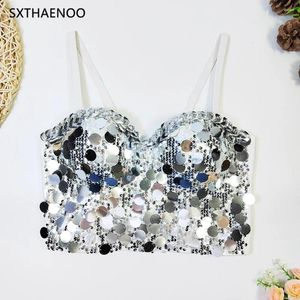 Damestanks Sxthaenoo 2024 Women Fashion Sexy Silver Sequins Bustier Bustier Bugle Crop Corset Cami Top Carnival Party Club Outfit Mujer