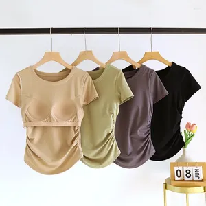 Débardeurs pour femmes T-shirts couleur unie à manches courtes avec buste rembourré couche de Base sans fil hauts mince froncé doux vêtements d'extérieur pour femmes C5701