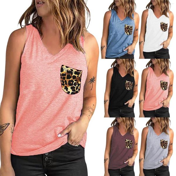 Camiseta sin mangas con cuello en V y temperamento para mujer, camiseta sin mangas con cuello redondo y bolsillo con estampado de leopardo para mujer