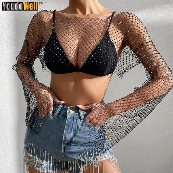 Camisetas sin mangas para mujer, Top fino de medio corte con taladro y chaleco de manga larga, blusa de malla hueca, falda de fiesta para club nocturno, Festival de Música de verano