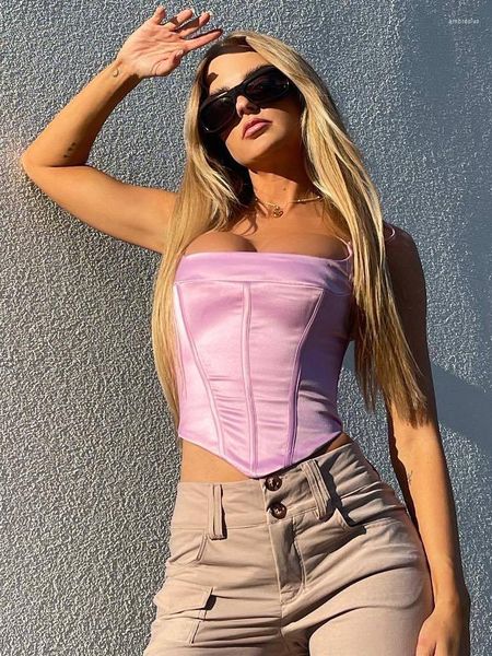 Camisola de fiesta de satén rosa dulce para niñas con lazo sin mangas para mujer, corpiño Sexy de verano con espalda descubierta para discoteca