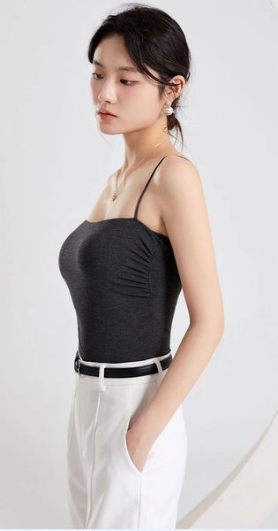 Débardeurs pour femmes hauts avec buste rembourré sexy dos nu sangle élégante sans manches couche de base réservoir plis couleur unie camis corée vêtements d'extérieur C5708