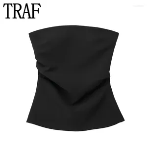 Tanks Femmes TRAF Noir Crop Top Femmes Hors Épaule Tube Plissé Sans Manches Corset Femme Soirée Sexy Tops Dos Nu Été