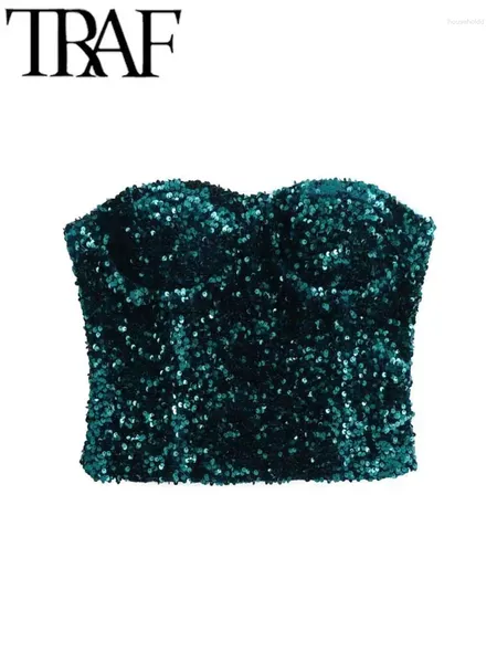 Tanks Femmes Traf Green Paillettes Femmes Dos Nu Sans Manches Sans Bretelles Slim Bustier Femme Soutien-Gorge Crop Top Sexy 2024 Printemps Y2K