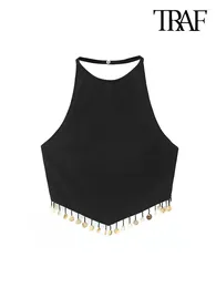 Débardeurs Femmes Traf Femmes Mode Frangée avec des pièces de monnaie Recadrée Débardeurs Sexy Dos Nu Halter Cou Femme Camis Mujer