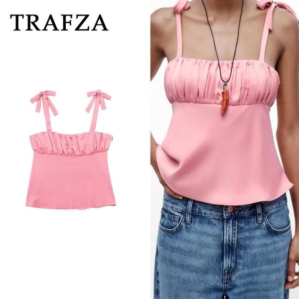 Tanks pour femmes Trafza 2024 Printemps d'été Femmes à nœud papillon solides Tops de mode sexy plies sans manches pour dames Cami Streetwear Chic Mini