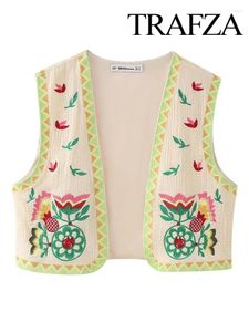 Tanks pour femmes Trafza sans manches brodées Viete Femme Multicolour Vintage Boho Femme Été Veste recadrée