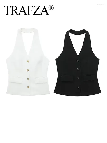 Tanks pour femmes Trafza Femme Vintage chic Pocket à poitrine simple décorer les tops courts femmes élégants licou