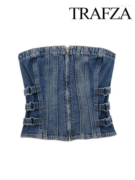 Tanques de mujer TRAFZA Mujeres Corset Streetwear Top Ruched Backless Sexy Tube Mujer Denim Sin mangas Off Hombro Tank Tops Mujer Cultivo