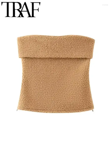 Tanques de mujer Tube Top Mujeres Tweed Foldsover Sin espalda Sin mangas Sin tirantes Slim Cultivo Femenino Bustier 2024 Otoño Y2K