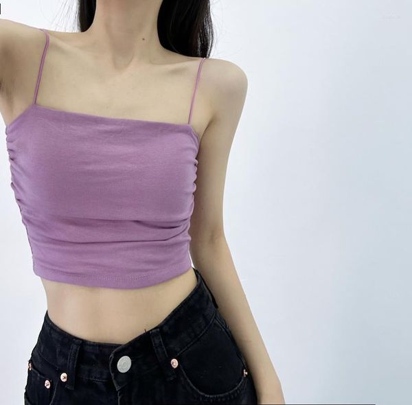 Camisetas sin mangas para mujer TVVOVVIN 2023, moda de verano, ajuste entallado versátil con cojín en el pecho, Top con tirantes planos, camiseta sin mangas plisada Sexy de un solo hombro 1OLY