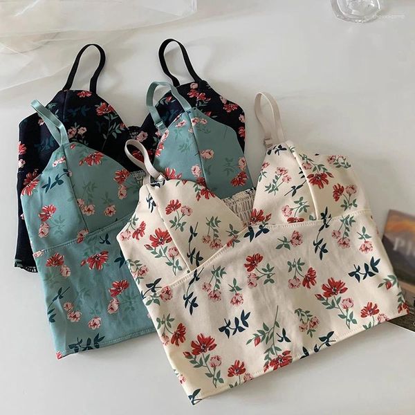 Tanks pour femmes V Tabarrage à cou avec poitrine PADS LADEES sans manches Camisole Retro Floral Print Crop Slim Sweet Sexy All-Match Inner Wear
